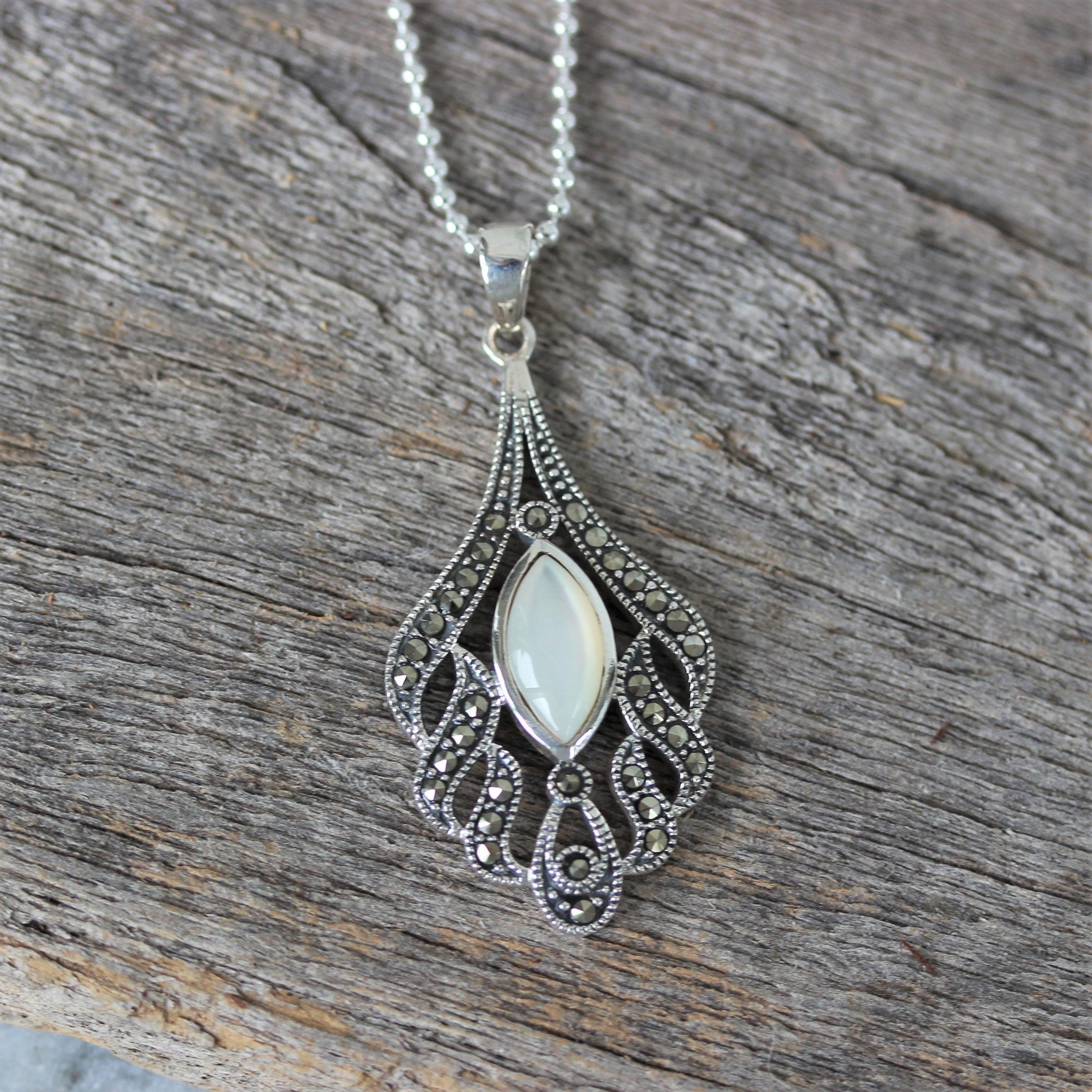 Sterling Silver Marcasite & Mother Of Pearl Large Teardrop Necklace - STERLING SILVER DESIGNS