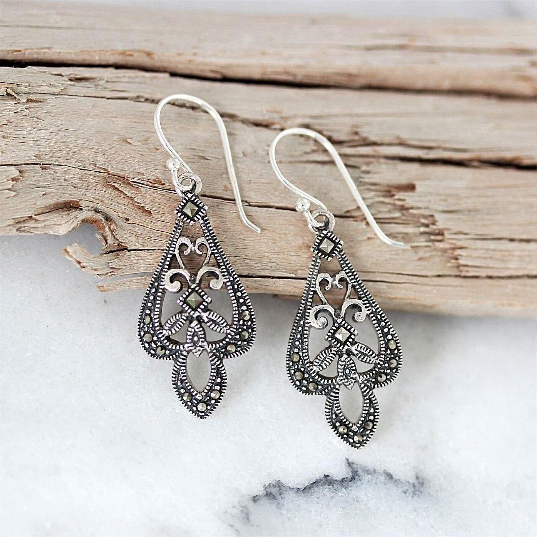 Sterling Silver Marcasite Vintage Style Hook Drop Dangle Earrings - STERLING SILVER DESIGNS