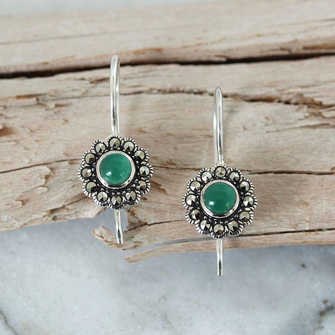 Sterling Silver Marcasite & Green Agate 10mm French Hook Drop Earrings - STERLING SILVER DESIGNS
