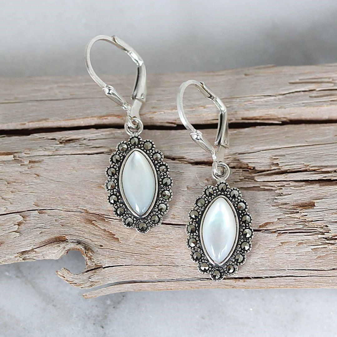 Sterling Silver Marcasite & Mother Of Pearl Marquise Leverback Drop Earrings - STERLING SILVER DESIGNS