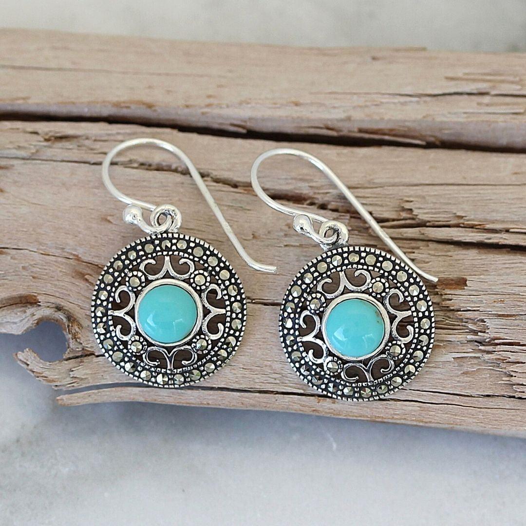 Sterling Silver Marcasite & Turquoise Round Filigree Hook Drop Earrings - STERLING SILVER DESIGNS