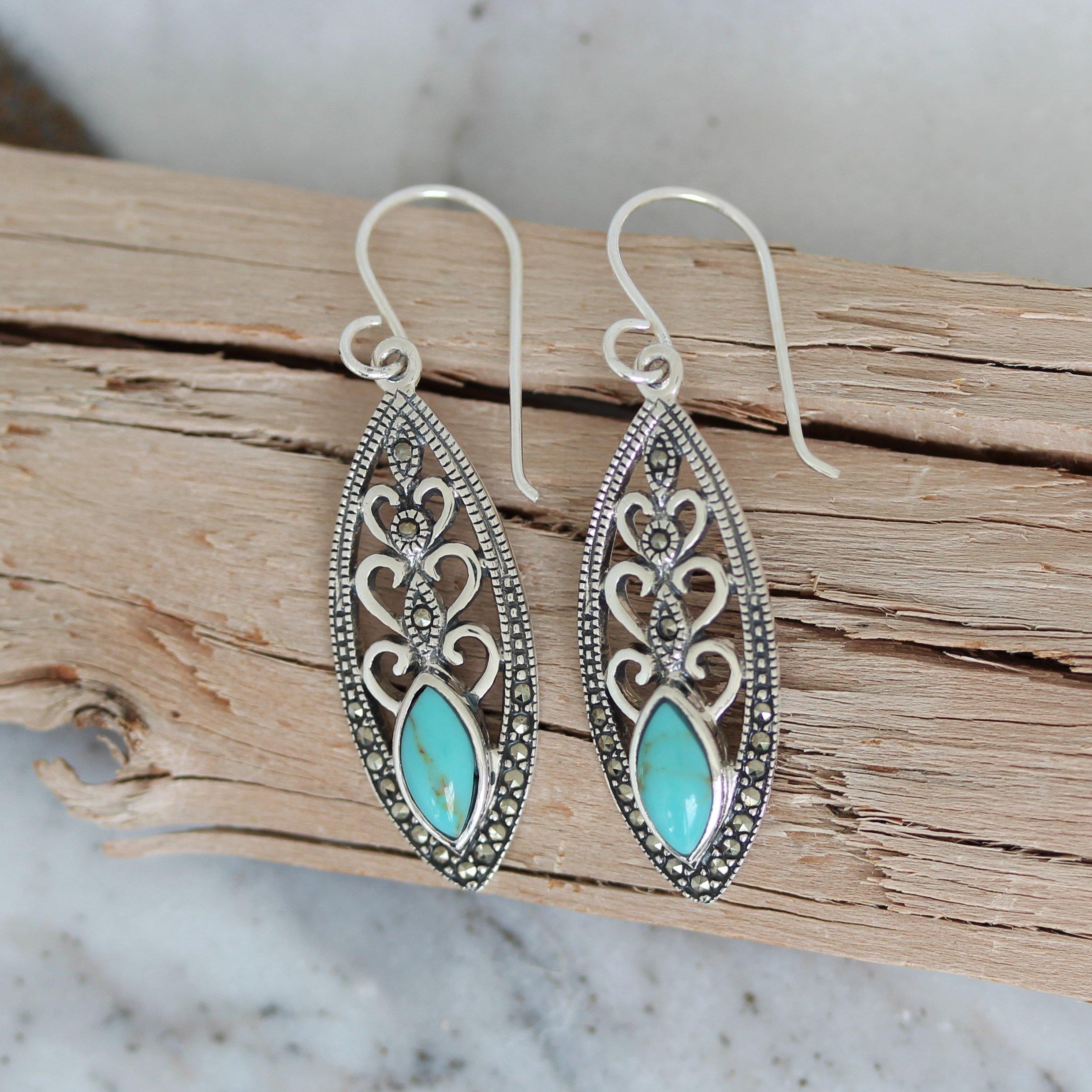 Sterling Silver Marcasite & Turquoise Marquise Shape Drop Hook Earrings - STERLING SILVER DESIGNS