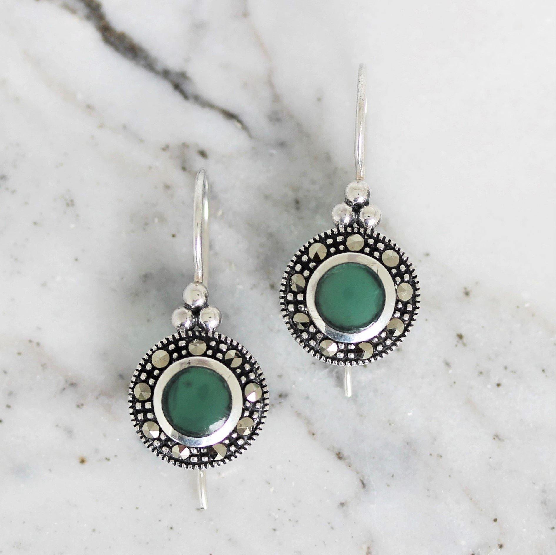 Sterling Silver Marcasite & Green Agate French Hook Drop Earrings - STERLING SILVER DESIGNS