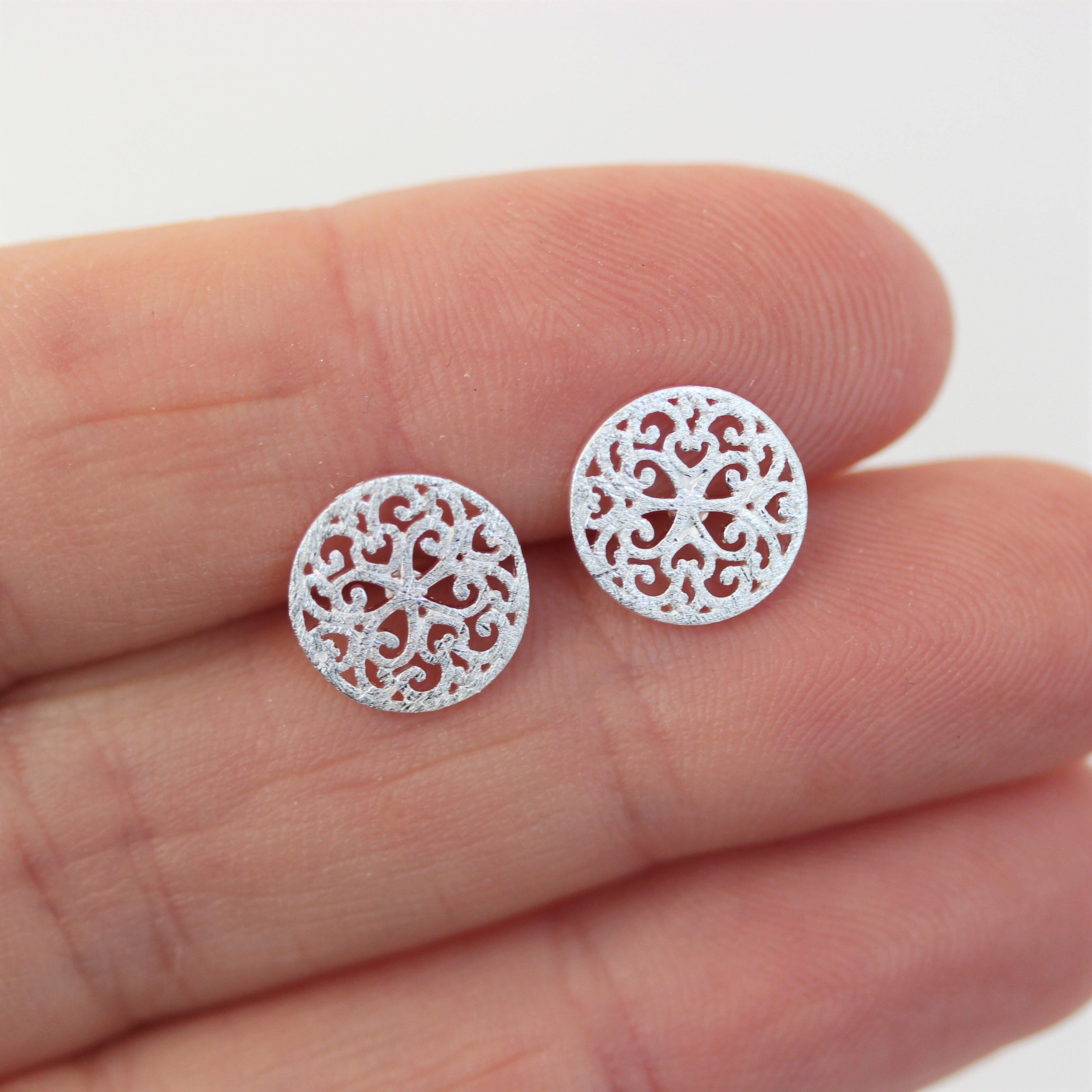 Sterling Silver 10mm Round Filigree Matte Finish Stud Earrings - STERLING SILVER DESIGNS