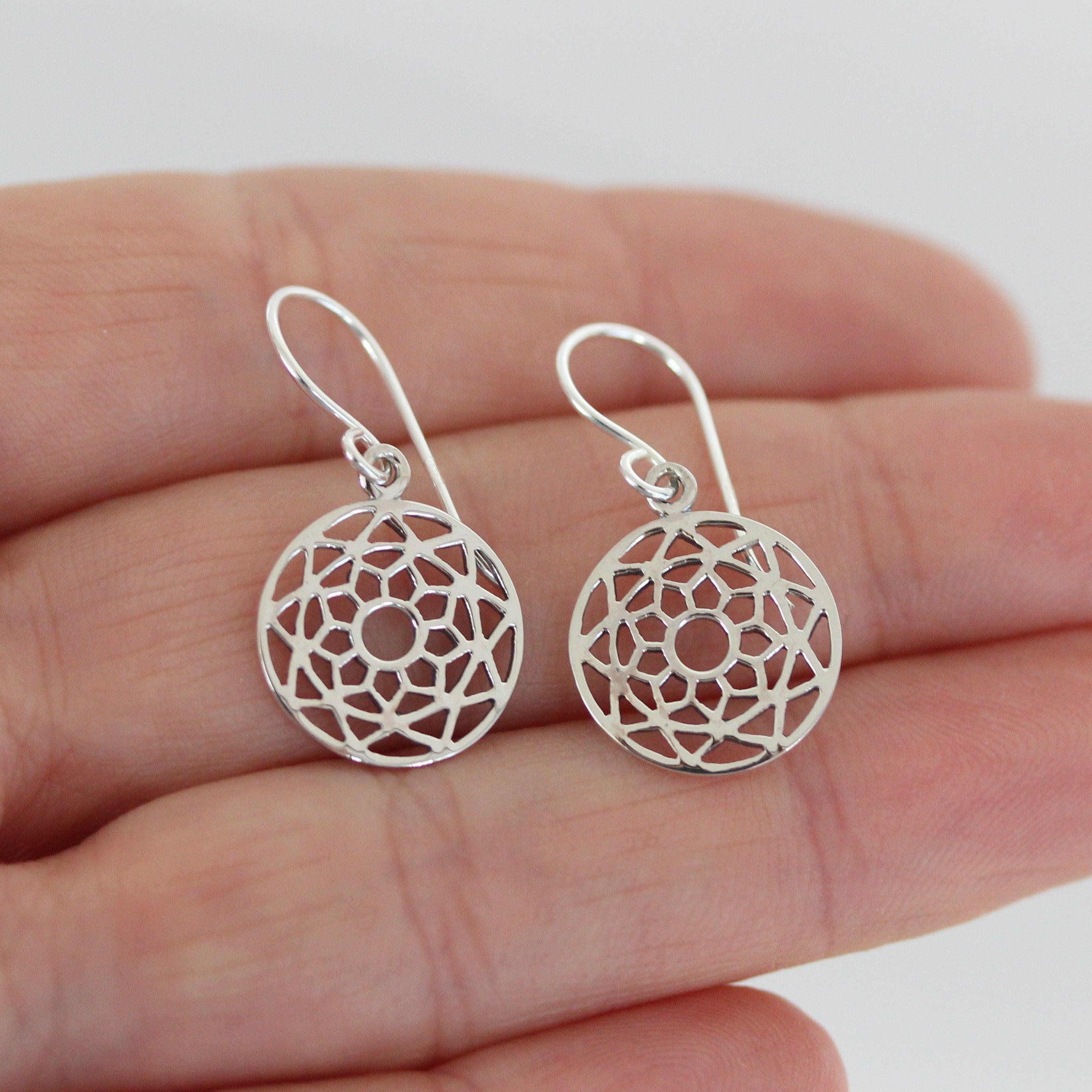 Sterling Silver Cut Out Geometric 14mm Round Drop Earrings - STERLING SILVER DESIGNS