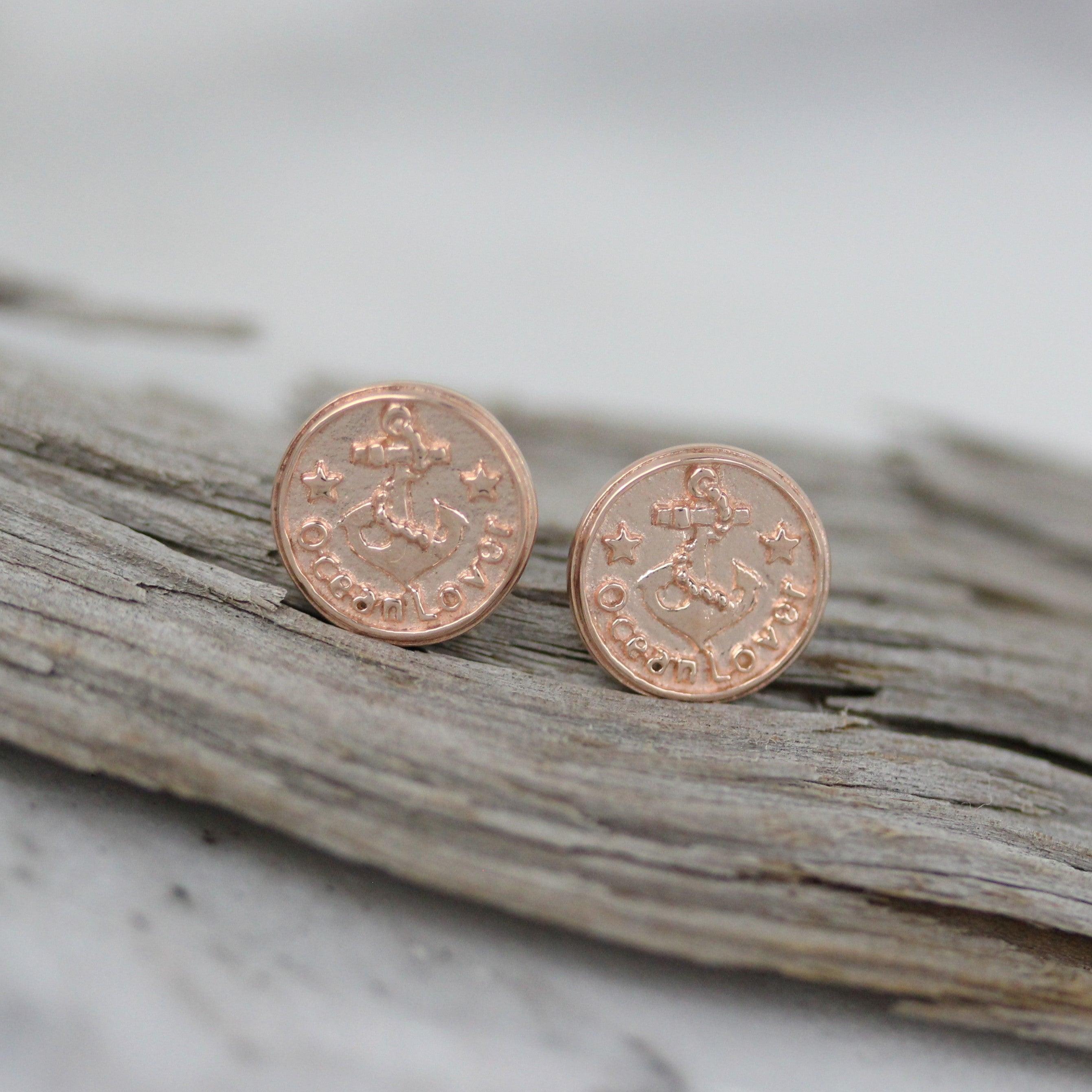 Sterling Silver Rose Gold Plated 10mm Round Anchor Medallion Stud Earrings - STERLING SILVER DESIGNS