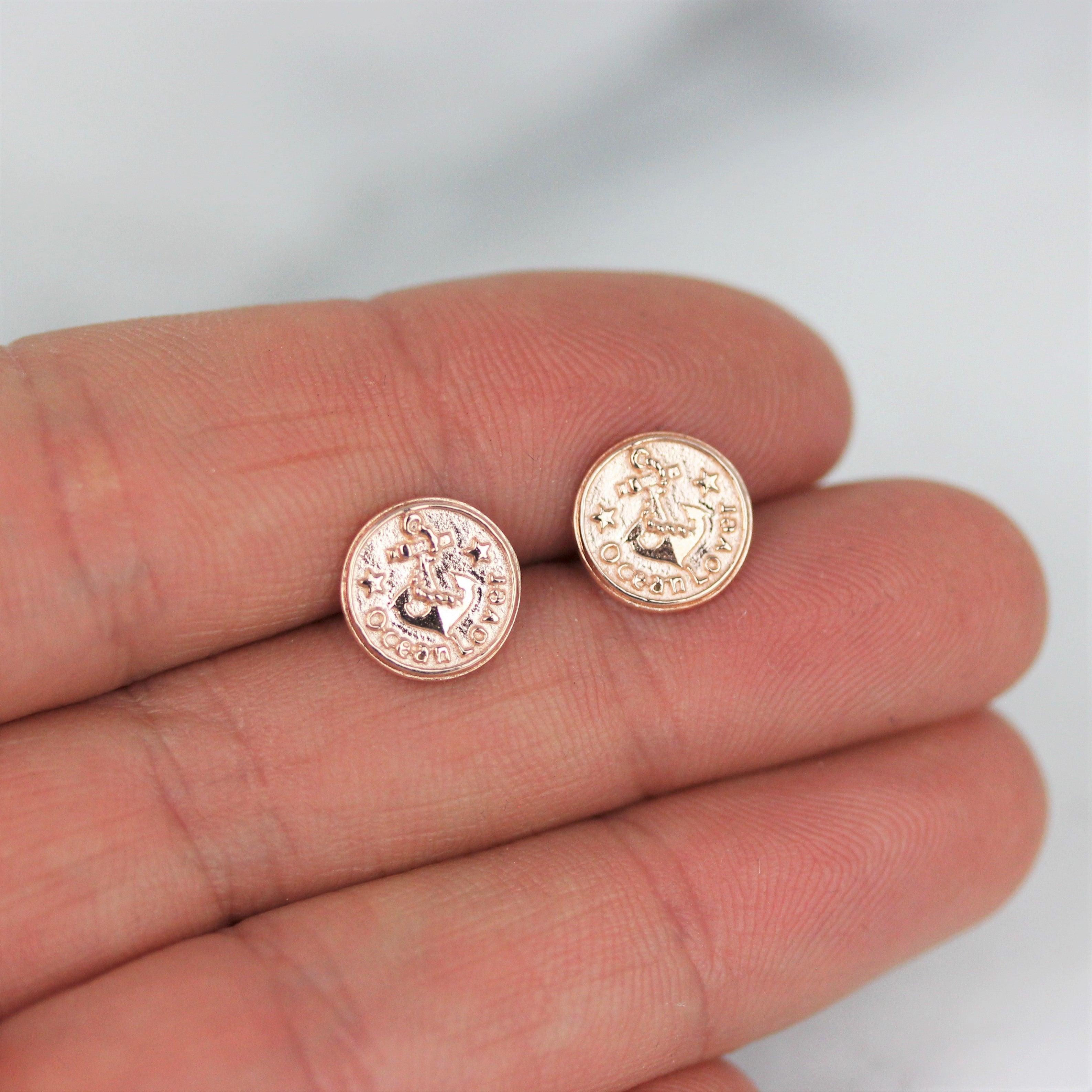 Sterling Silver Rose Gold Plated 10mm Round Anchor Medallion Stud Earrings - STERLING SILVER DESIGNS