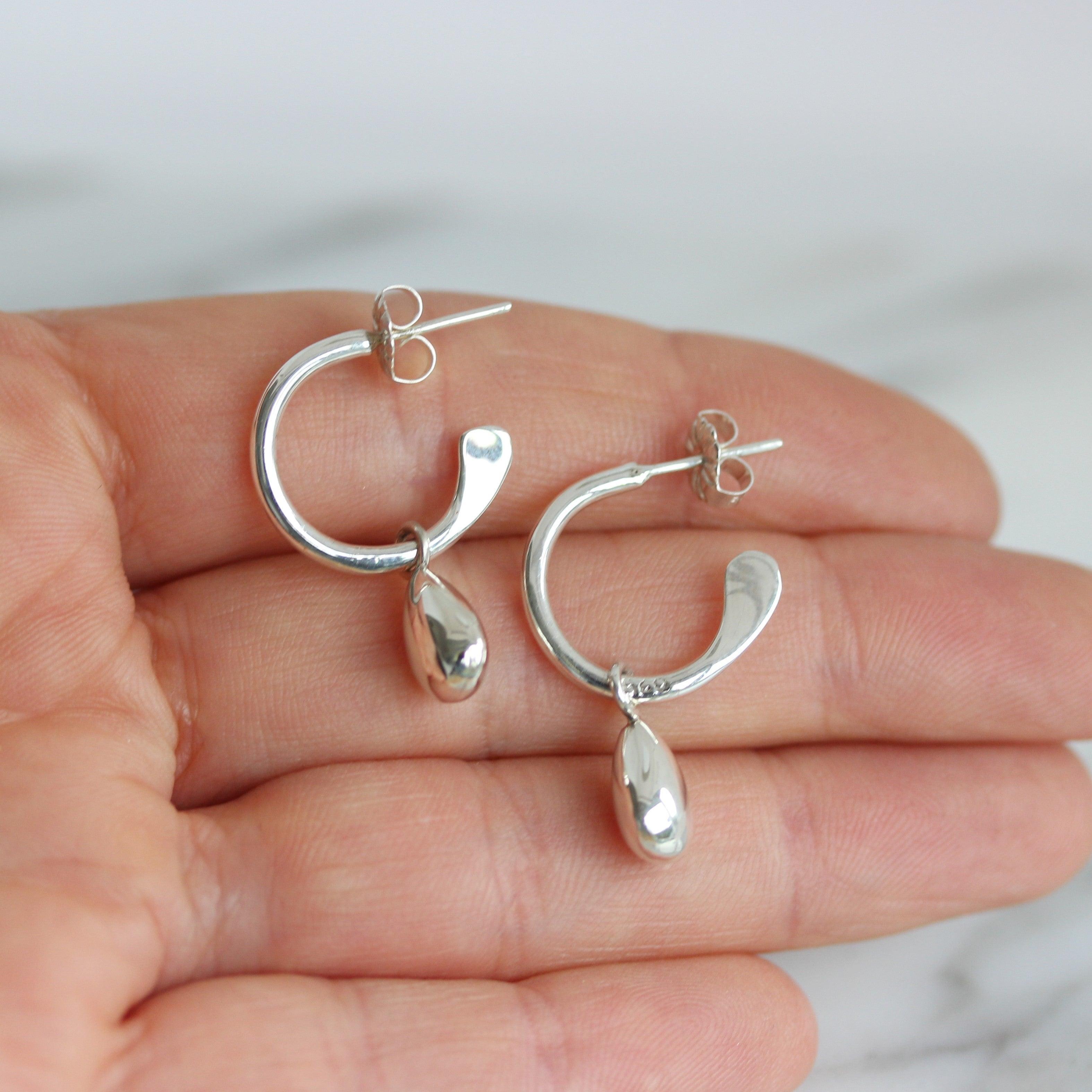 Sterling Silver Small Open Hoop & Teardrop Charm Drop Earrings - STERLING SILVER DESIGNS