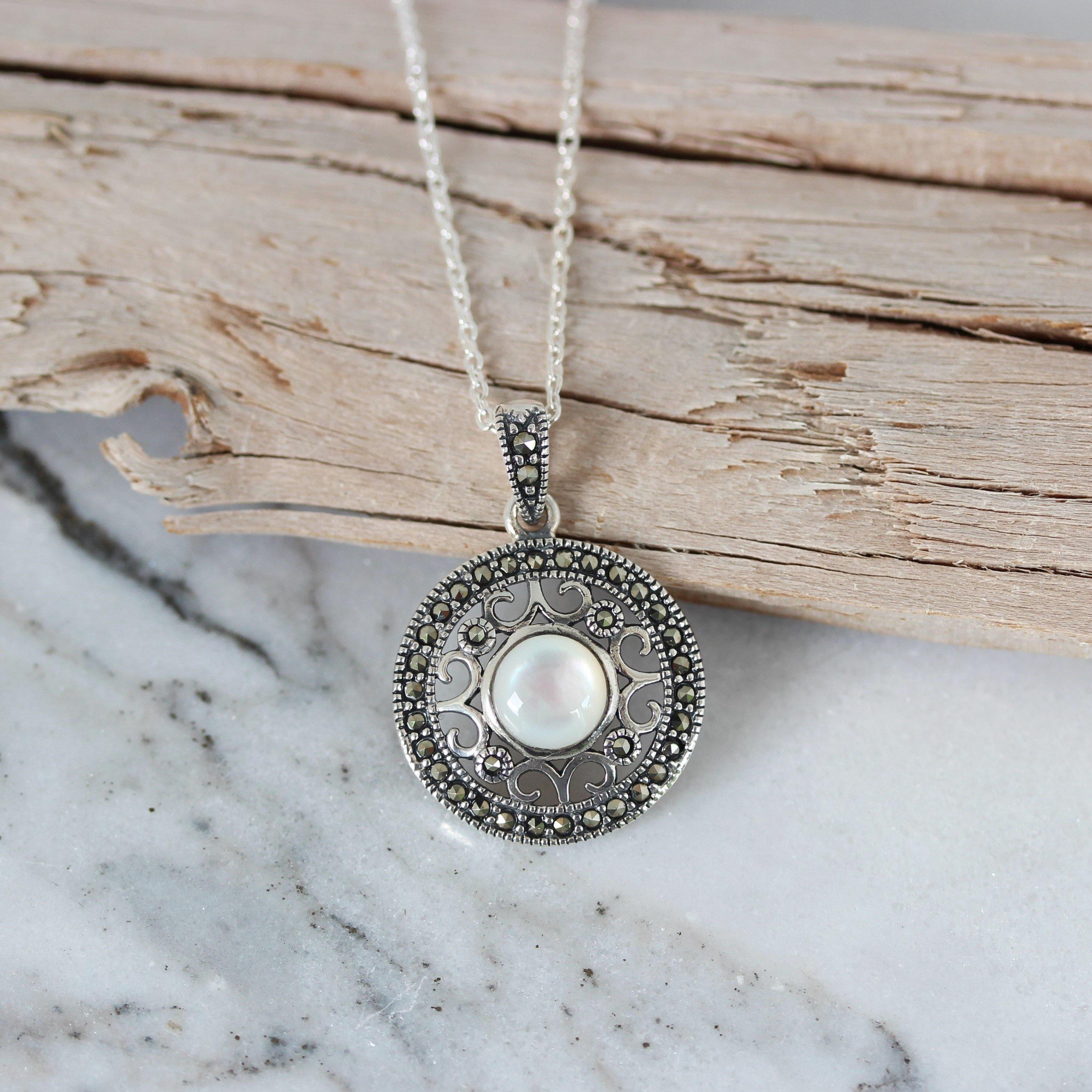 Sterling Silver Marcasite & Mother Of Pearl Round Filigree Pendant Necklace 42cm - STERLING SILVER DESIGNS