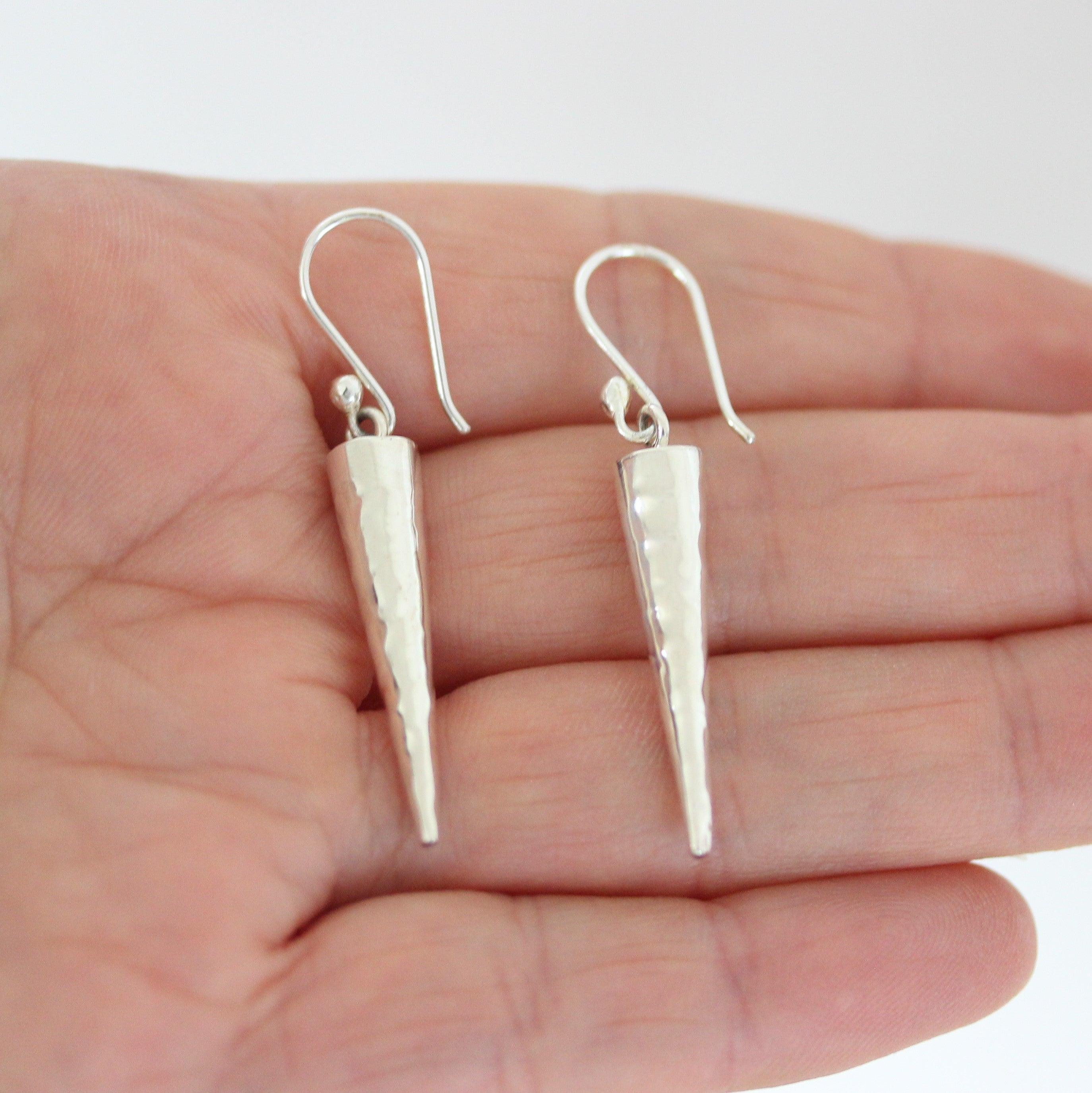 Sterling Silver Cone Shape Hammered Beaten Hook Drop Earrings - STERLING SILVER DESIGNS