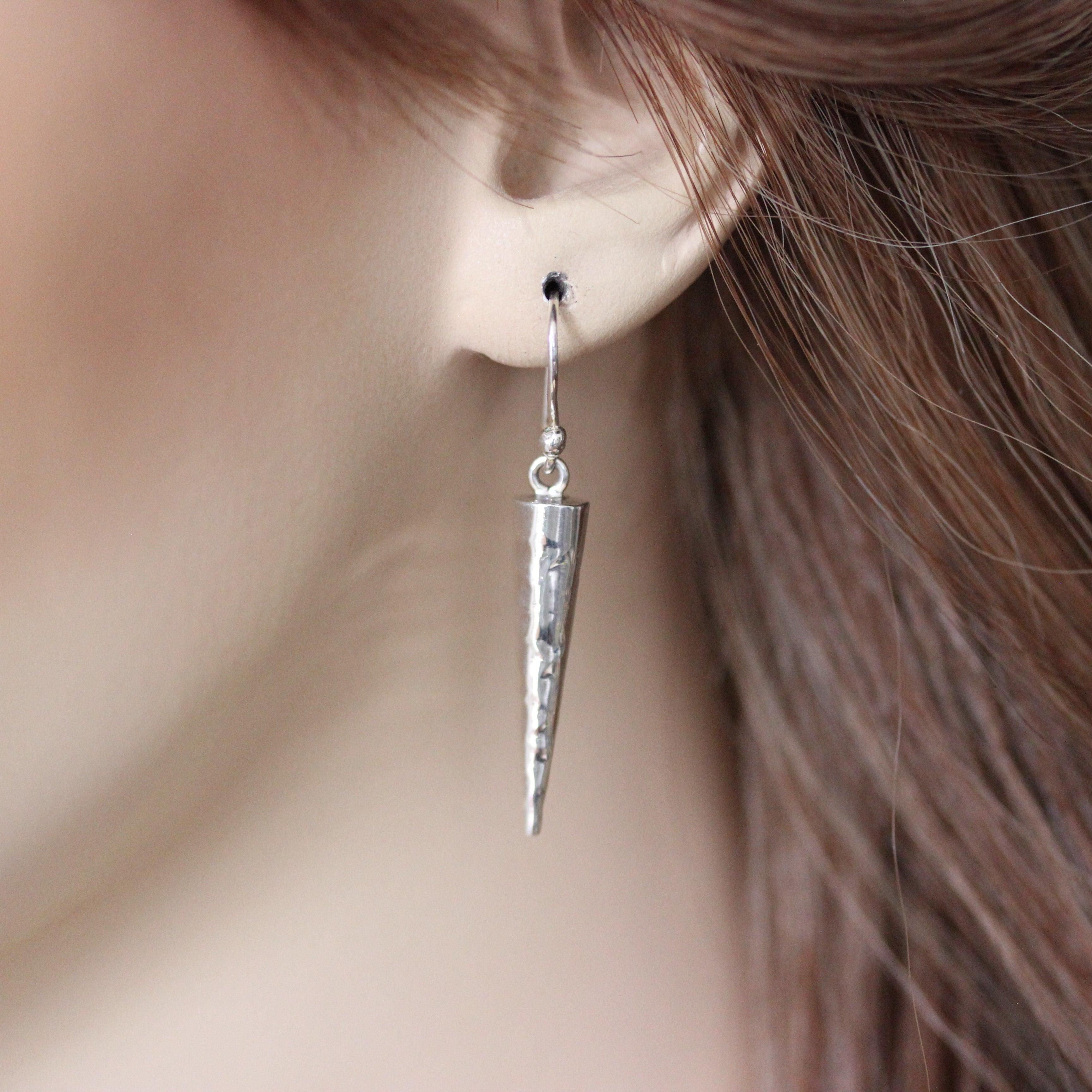 Sterling Silver Cone Shape Hammered Beaten Hook Drop Earrings - STERLING SILVER DESIGNS