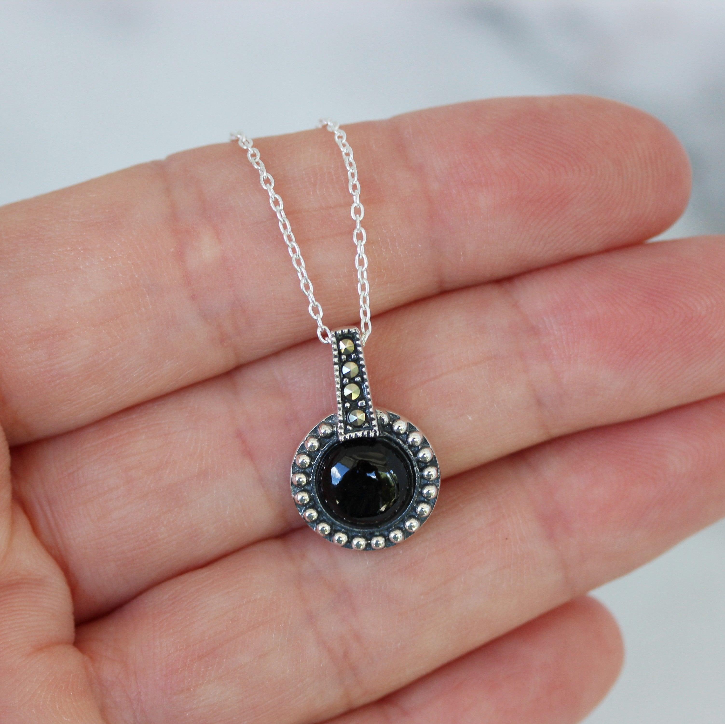 Sterling Silver Marcasite & Black Onyx Pendant Necklace 42cm - STERLING SILVER DESIGNS