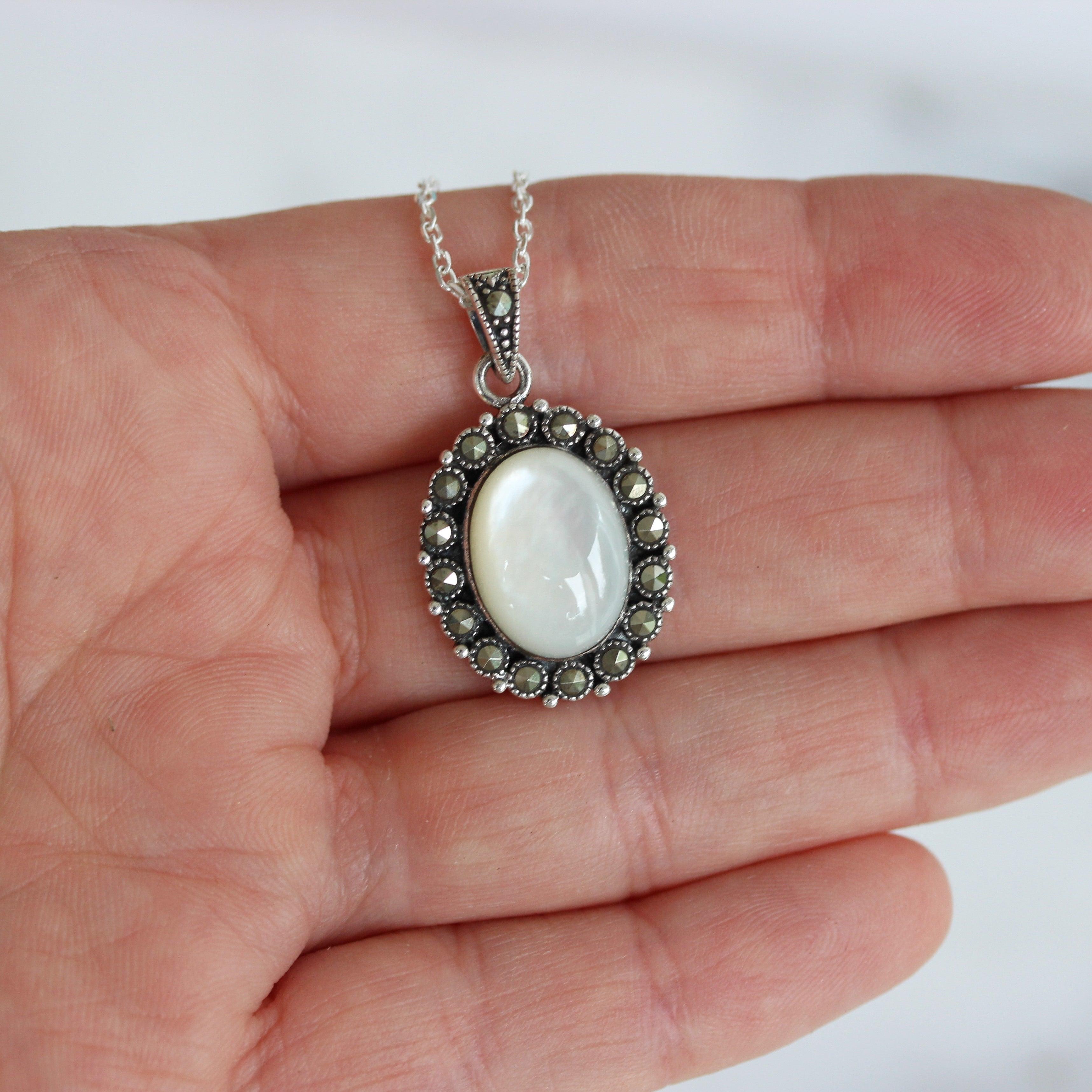 Sterling Silver Mother Of Pearl Oval Halo Necklace - STERLING SILVER DESIGNS