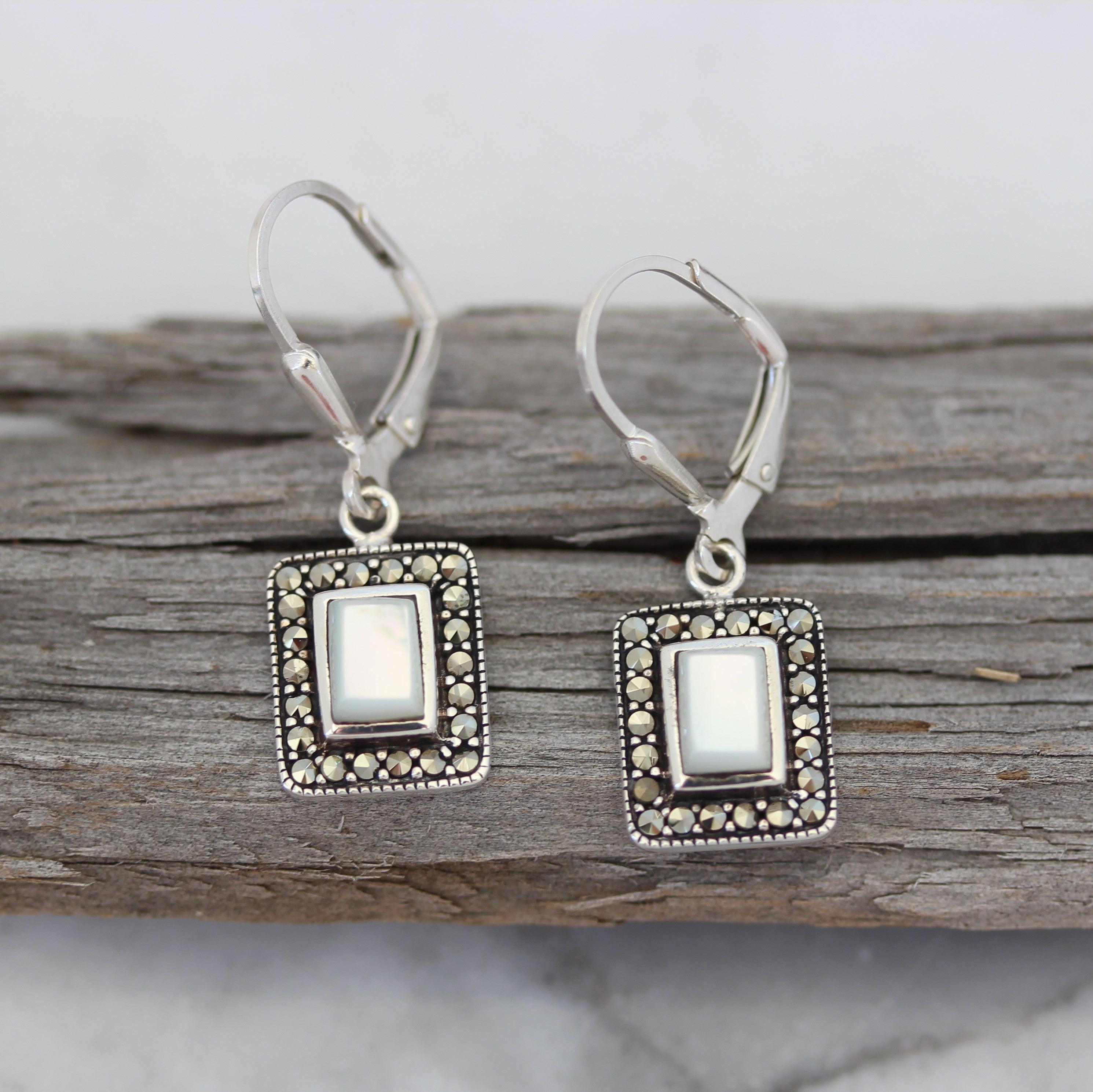 Sterling Silver Marcasite & Mother of Pearl Halo Rectangle Leverback Drop Earrings - STERLING SILVER DESIGNS