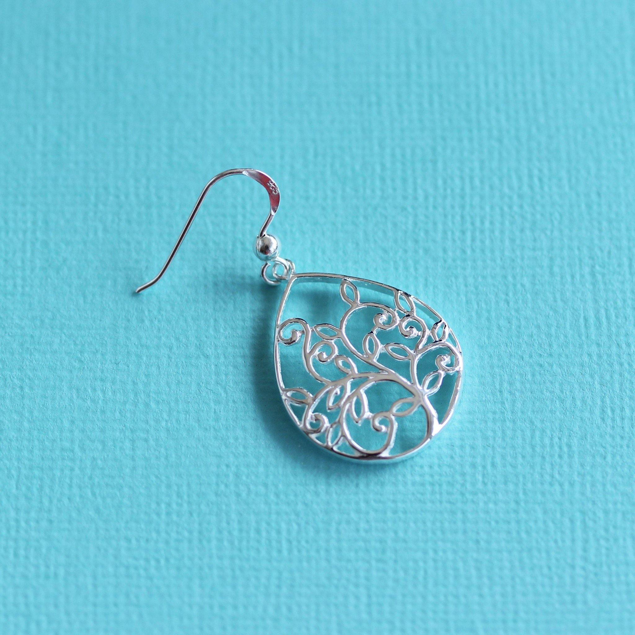 Sterling Silver Cut Out Tree of Life Leaves Leaf Hook Drop Earrings - STERLING SILVER DESIGNS