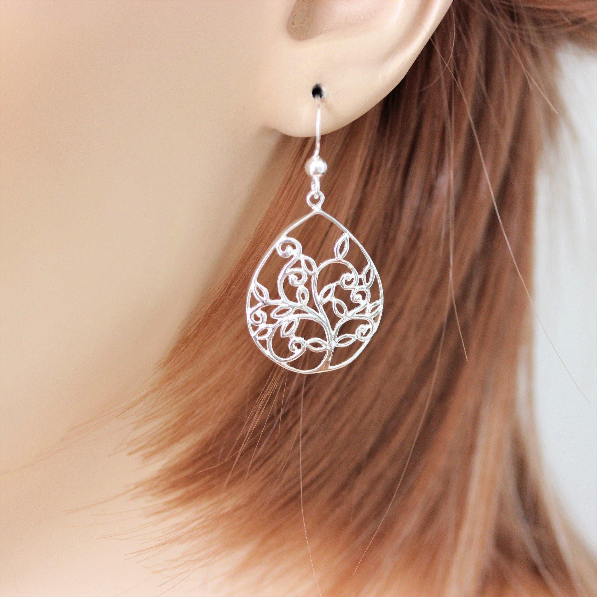 Sterling Silver Cut Out Tree of Life Leaves Leaf Hook Drop Earrings - STERLING SILVER DESIGNS