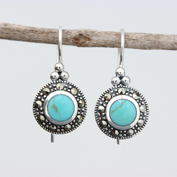 Sterling Silver Marcasite & Turquoise French Hook Drop Earrings ...