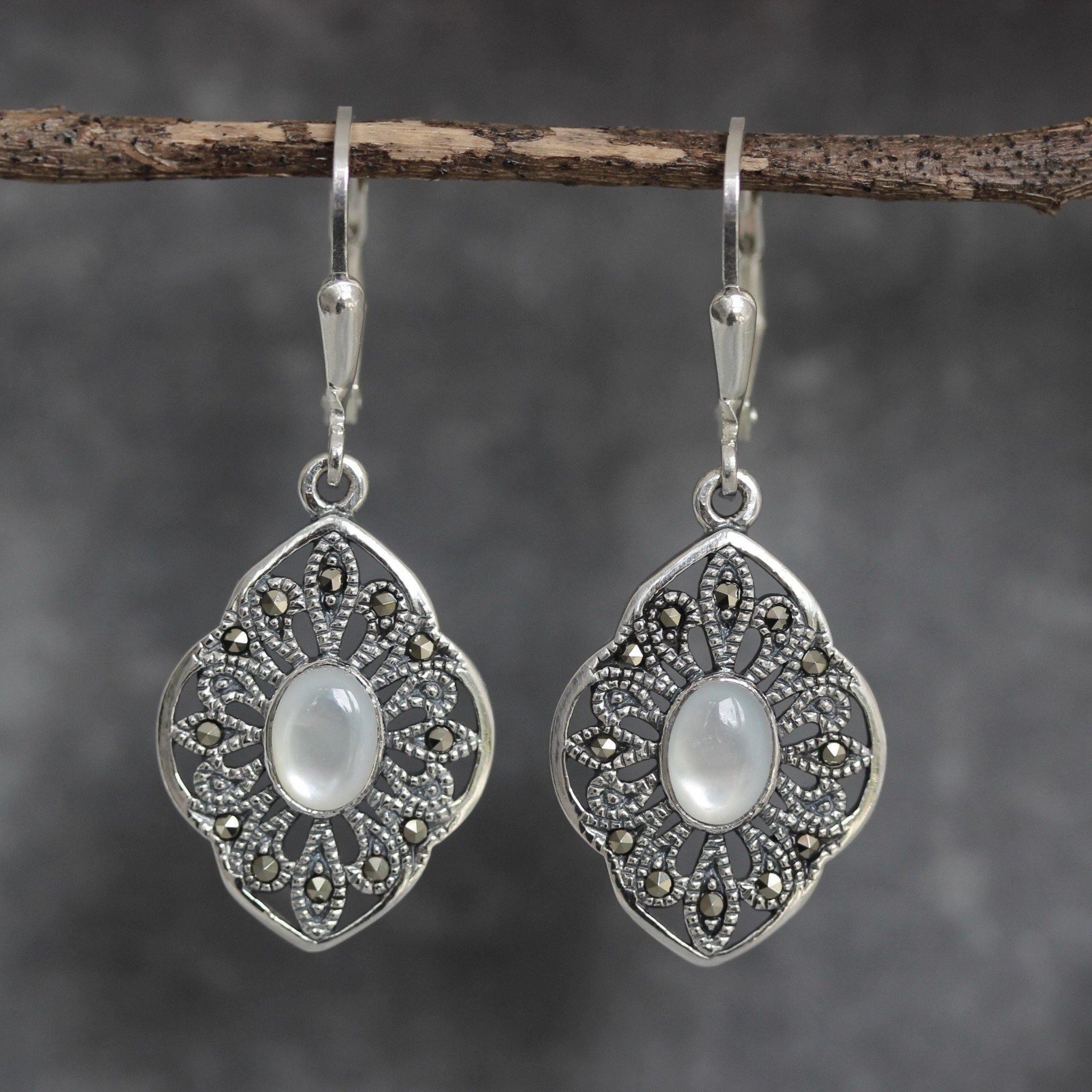 Sterling Silver Marcasite & Mother Of Pearl Leverback Drop Earrings - STERLING SILVER DESIGNS